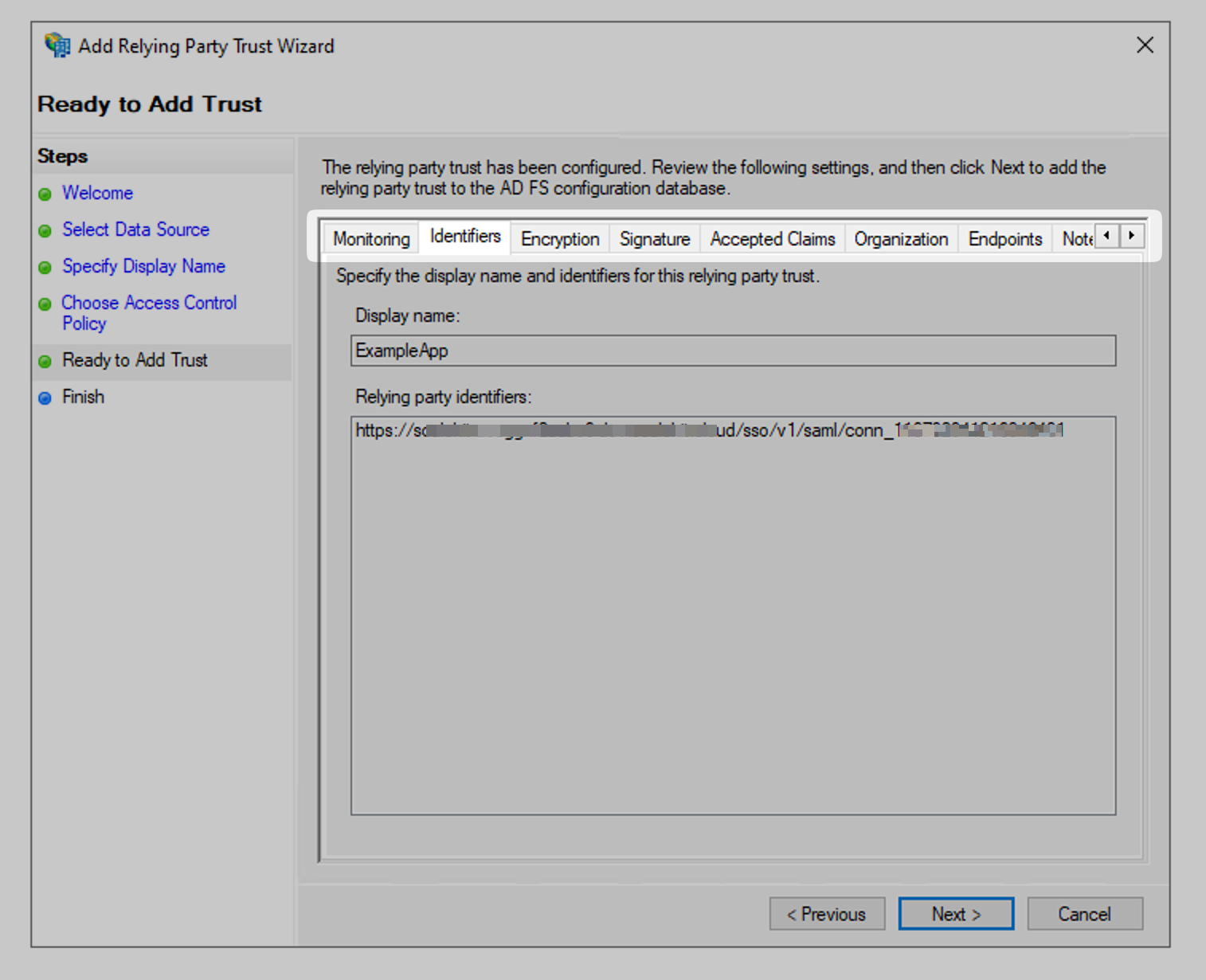 Review trust configuration screen in the AD FS wizard