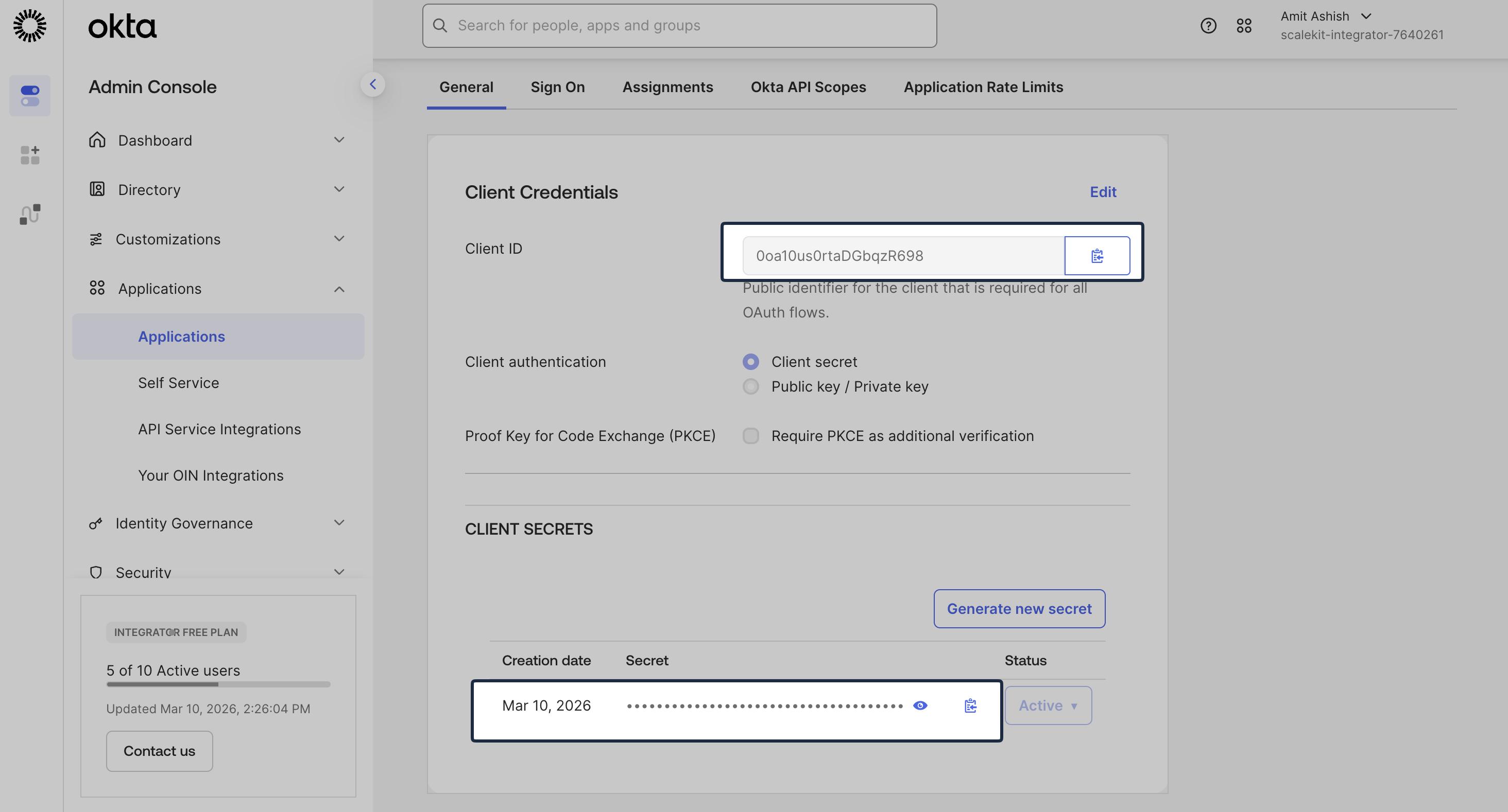 Copy client credentials from Okta