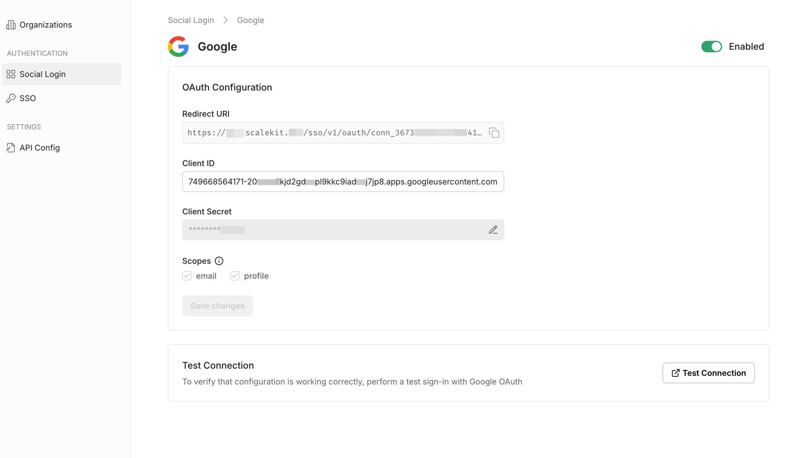 Google OAuth configuration for social login, showing redirect URI, client ID, and scopes for authentication.