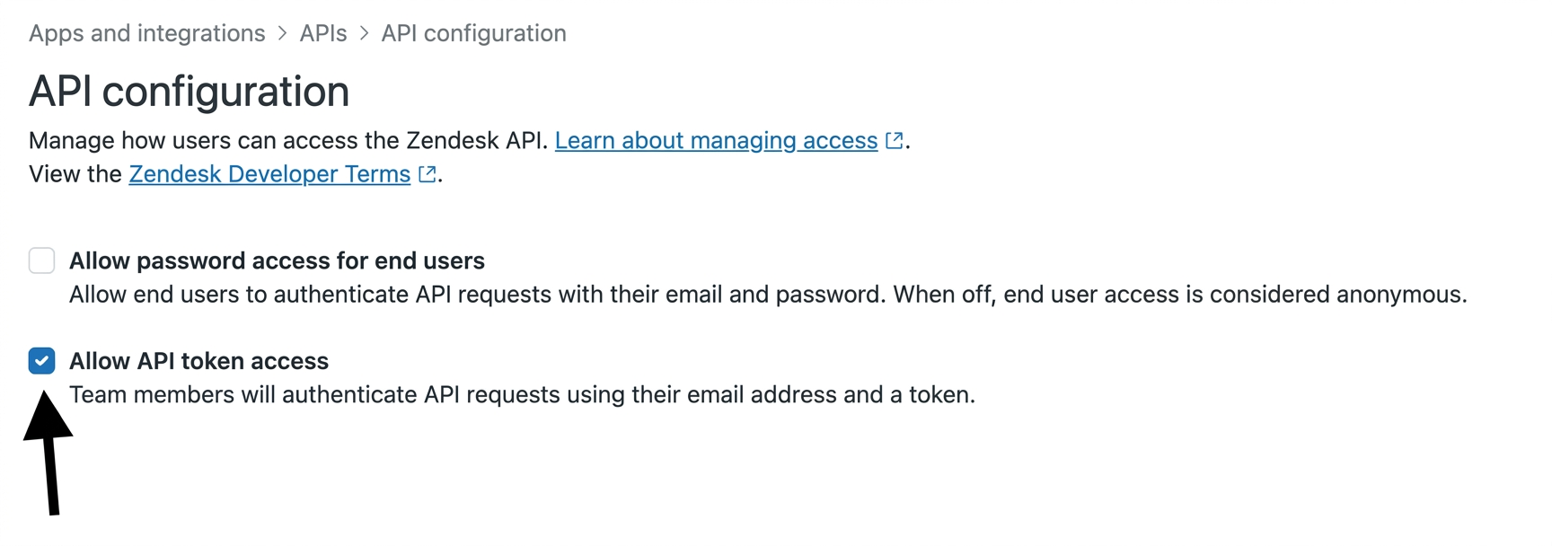 Zendesk API configuration page with Allow API token access enabled