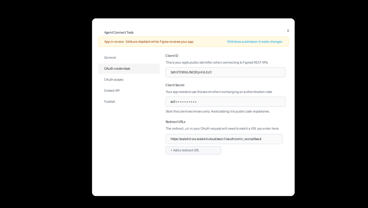 Figma app OAuth credentials tab showing Client ID, Client Secret, and Redirect URLs