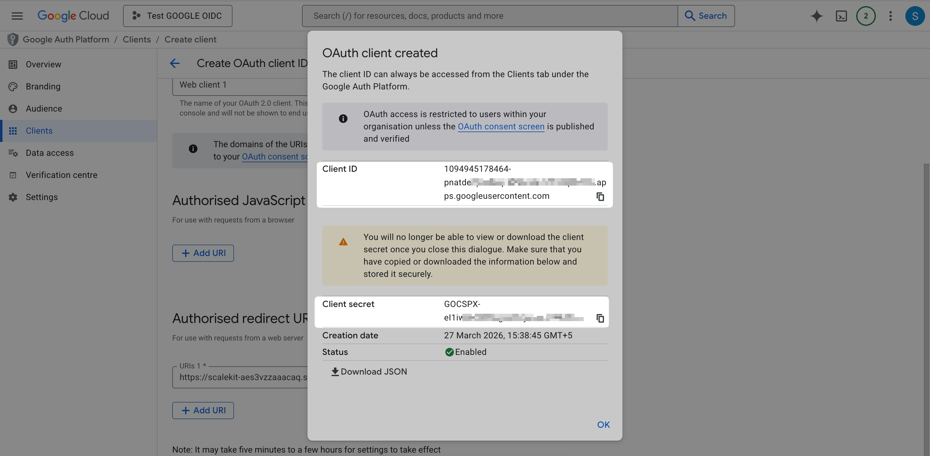Google Cloud OAuth client details showing Client ID and Client Secret