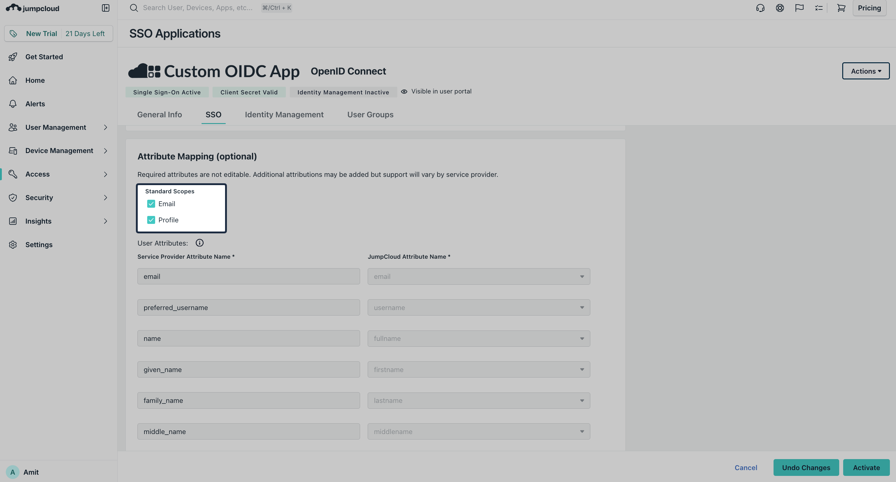 JumpCloud attribute mapping with Email and Profile standard scopes selected