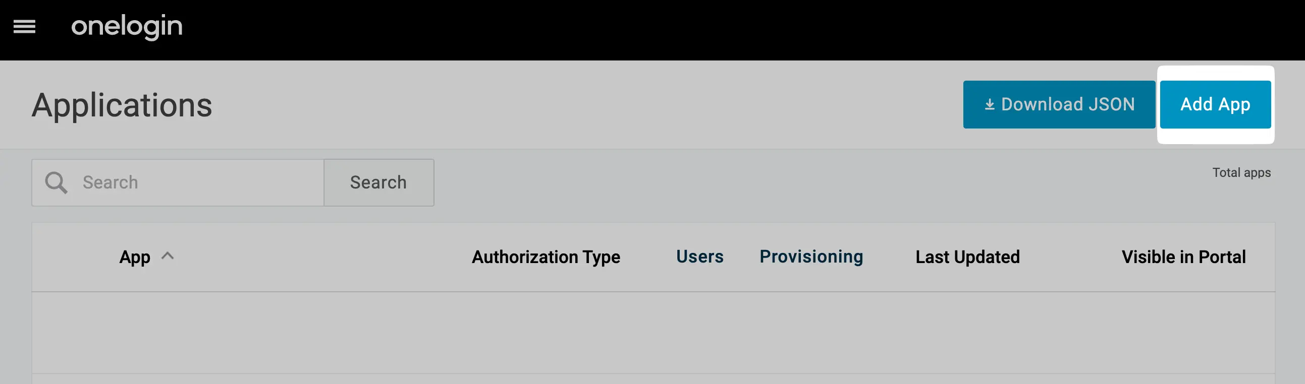 Applications page in OneLogin with the Add App button highlighted