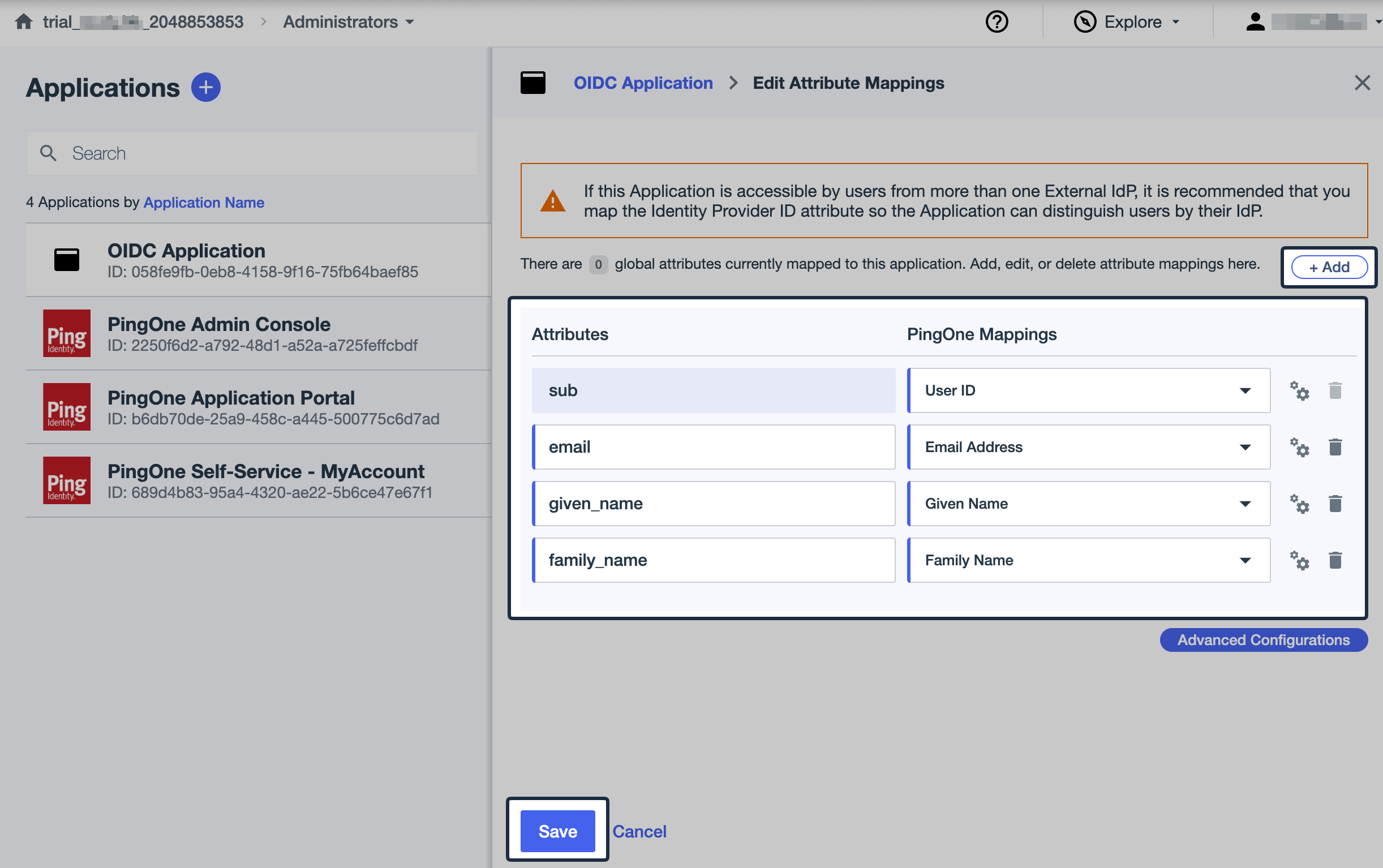 PingIdentity attribute mappings editor showing the required attributes added