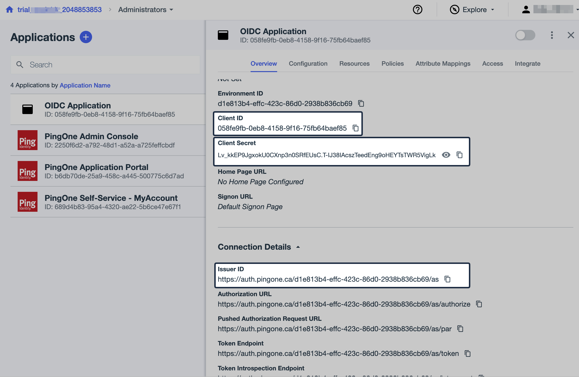 Ping Identity Overview tab showing Client ID, Client Secret, and Issuer ID