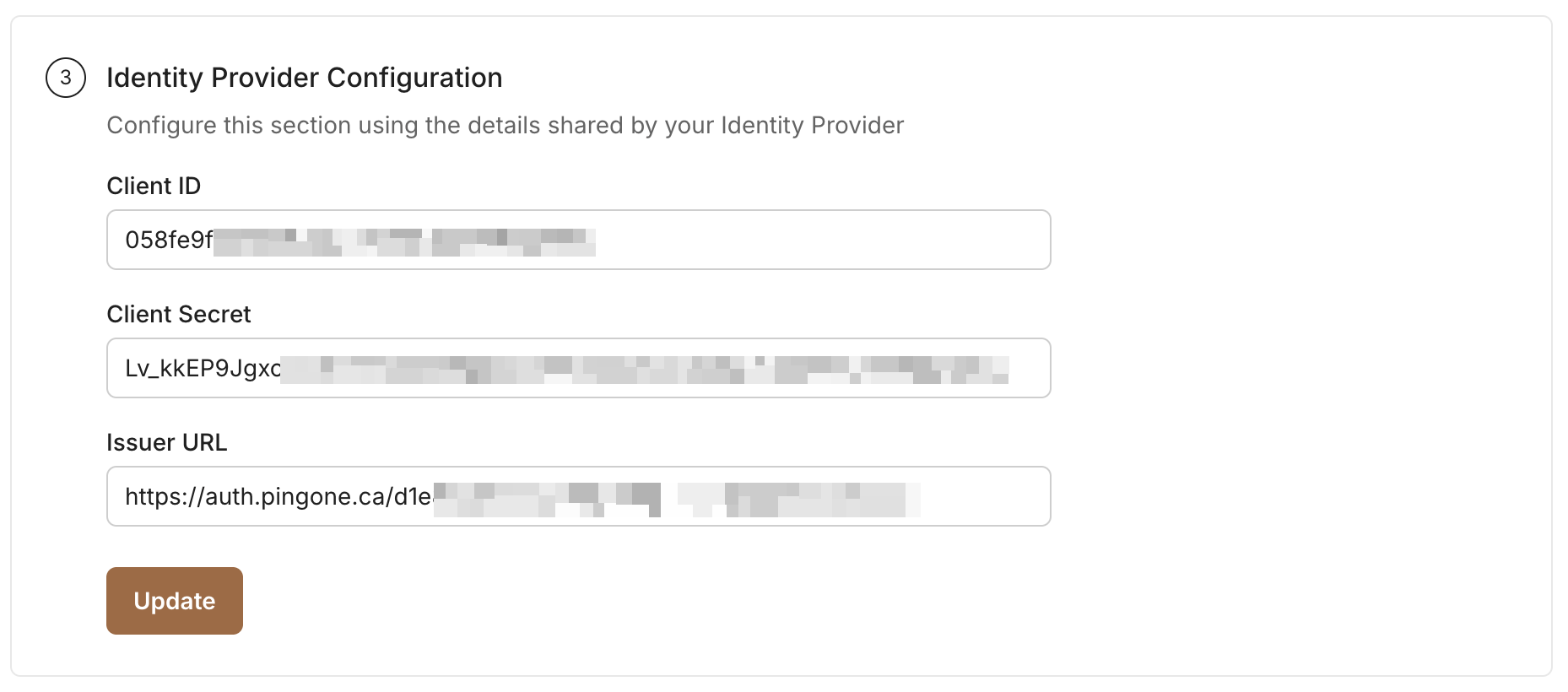 SSO Configuration Portal fields for Ping Identity Client ID and Client Secret