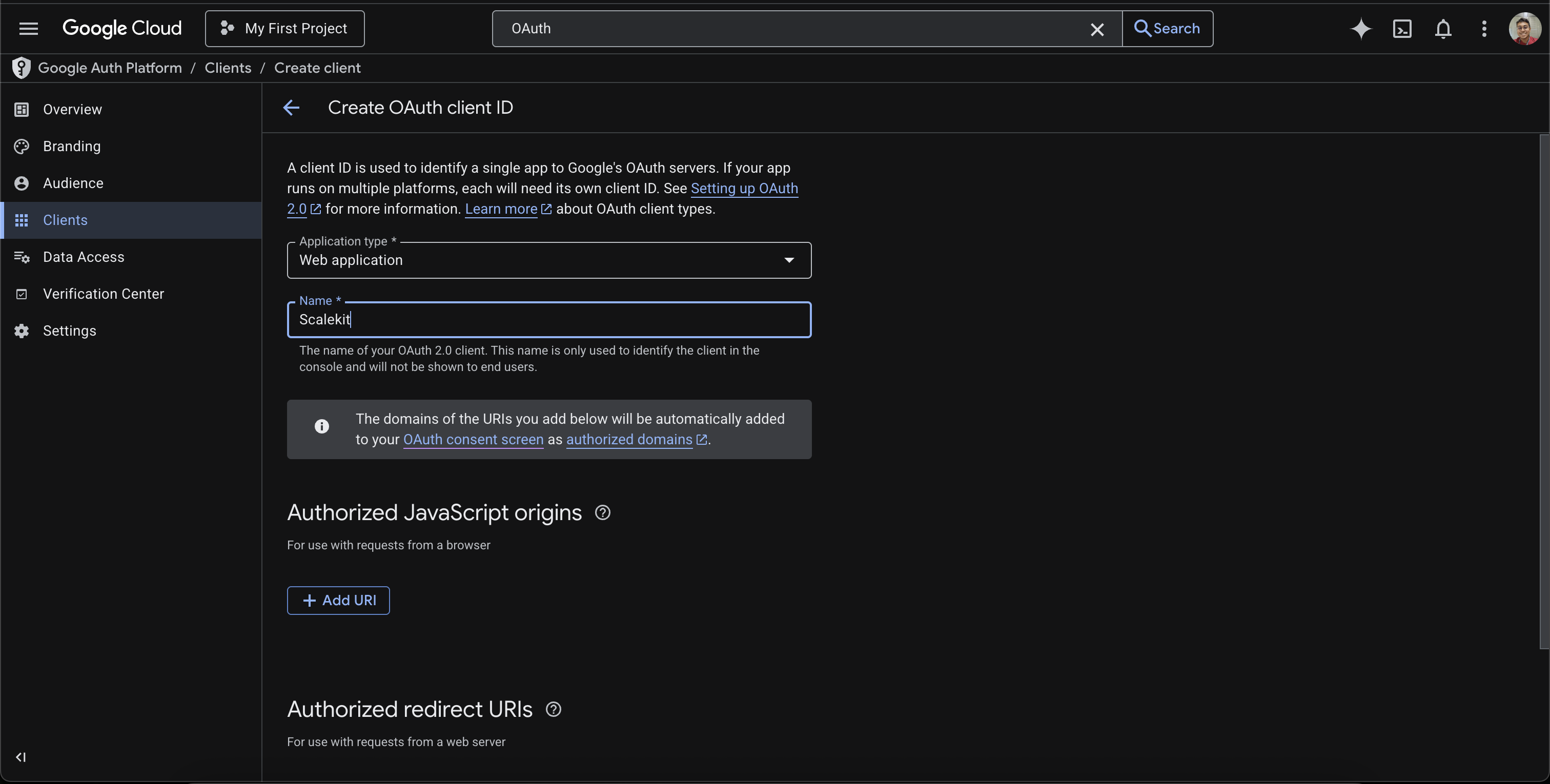 Create OAuth client ID form with Web application type and Scalekit name