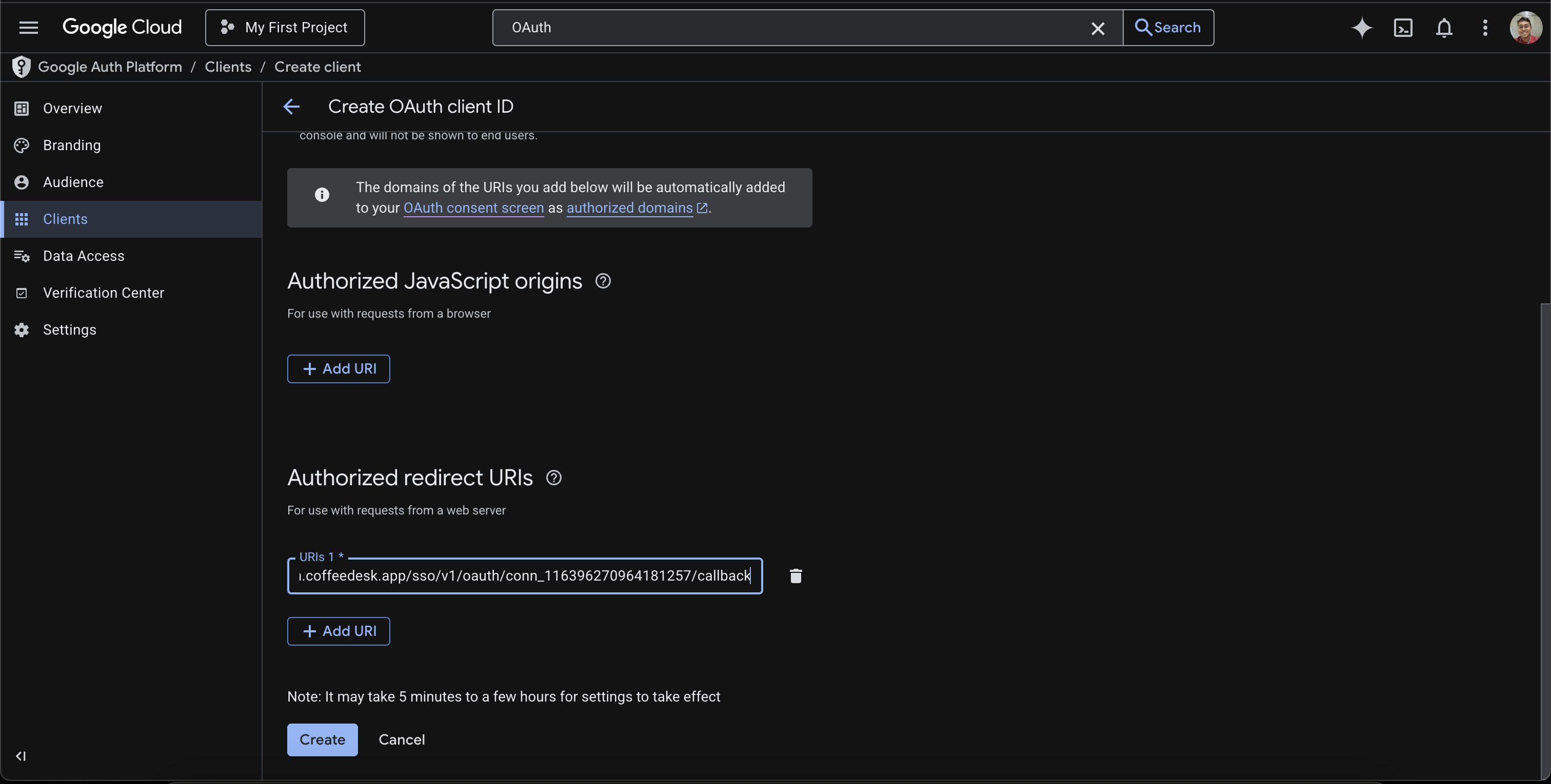 Google Cloud OAuth client with Scalekit redirect URI added