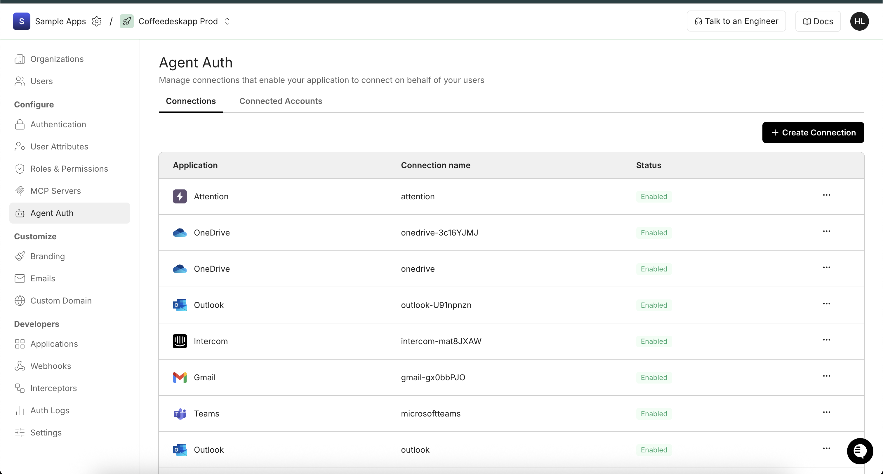 Scalekit Agent Auth connections page